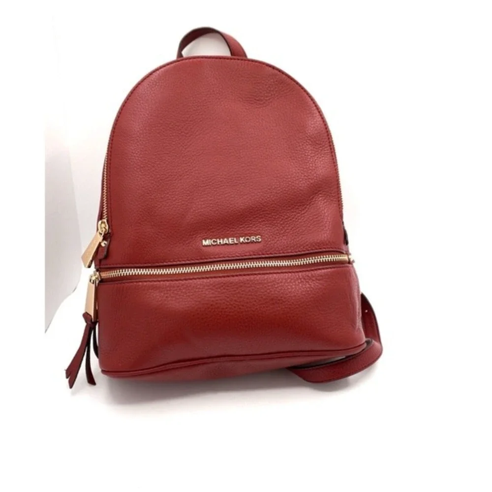 Michael Kors‎ Rhea Medium Pebbled Leather Backpack Burgundy Gold Hardware 37-08